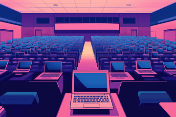 Naklejka premium vibrant digital illustration of modern classroom filled with laptops, showcasing spacious layout and colorful lighting. scene evokes sense of technology and learning