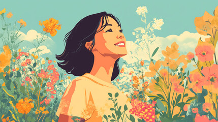 Naklejka premium joyful woman smiling amidst vibrant flower field, surrounded by colorful blooms and bright sky. scene captures sense of happiness and nature beauty