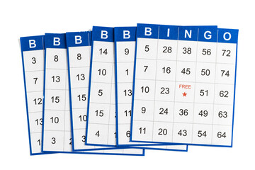 blue and white bingo cards on white background.