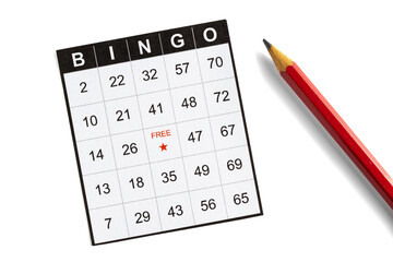 black and white paper bingo card with a pencil on white background.