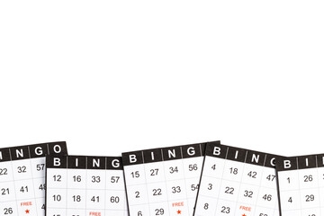 Black and white bingo game cards on white background. Empty space for copy space.