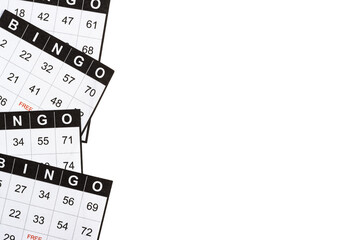 Black and white bingo game cards on white background. Empty space for copy space.