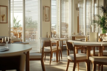 Bright Dining Area With Wooden Chairs and Tables, Sun Streaming Through Blinds in a Coastal Restaurant During Late Afternoon