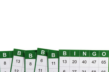 Green and white bingo game cards on white background. Empty space for copy space.