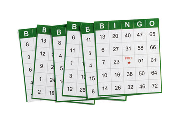 green and white bingo cards on white background.