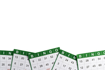 Green and white bingo game cards on white background. Empty space for copy space.