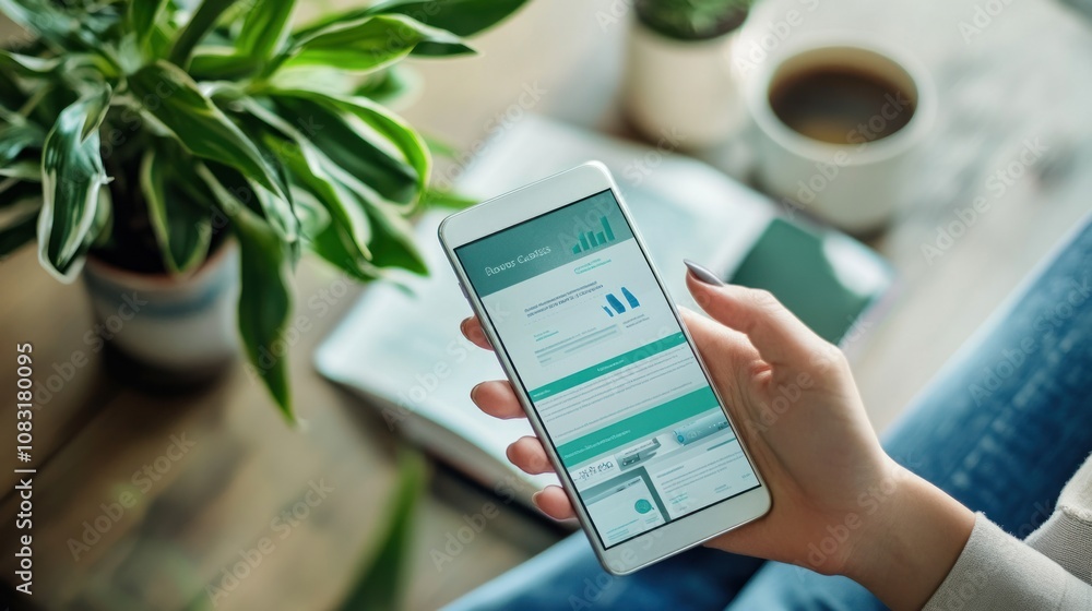 Poster A person holding a smartphone displaying data analytics with a plant and coffee in the background.