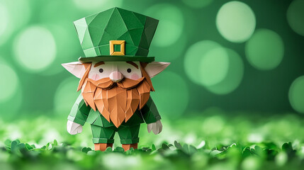 A cheerful paper leprechaun figure celebrating Saint Patrick's Day in a green landscape
