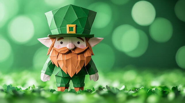 A cheerful paper leprechaun figure celebrating Saint Patrick's Day in a green landscape
