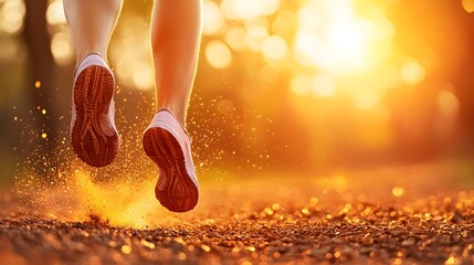Sporty woman's tanned legs captured mid-stride, dust rising as she runs on a sunlit trail, energy and motion in every detail, legs in action, outdoor fitness