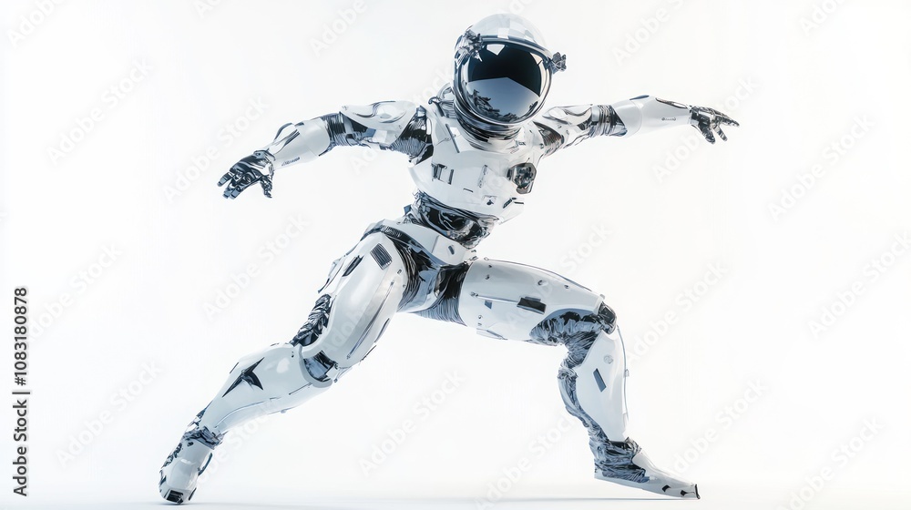 Poster a futuristic humanoid robot in a dynamic pose, suggesting agility and advanced technology.
