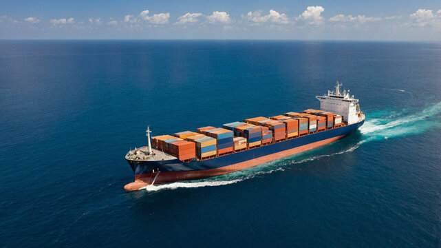 Majestic Cargo Ship Navigating Through Vast Blue Ocean Waters Under Clear Skies