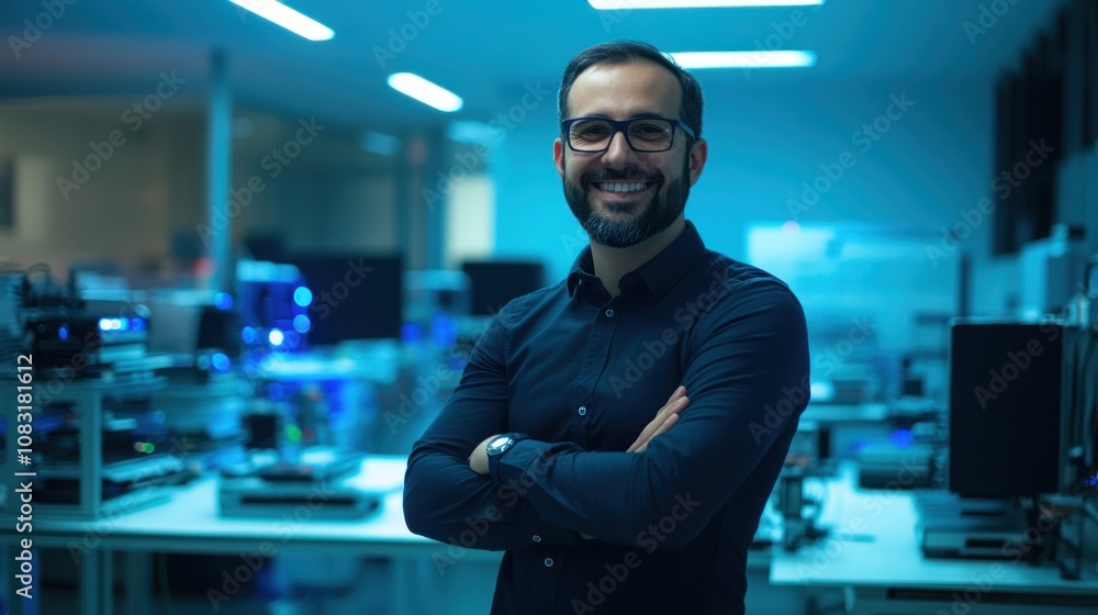 Poster A smiling man in a tech lab, showcasing innovation and expertise in a modern workspace.