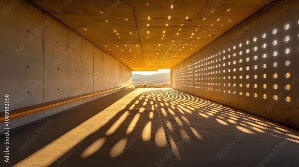 Aufkleber a tunnel with concrete walls and light filtering through perforated panels at sunset.