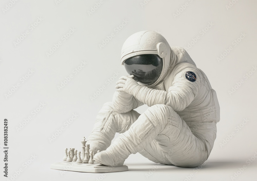 Poster an astronaut figure thoughtfully plays chess, symbolizing strategy and contemplation in space.