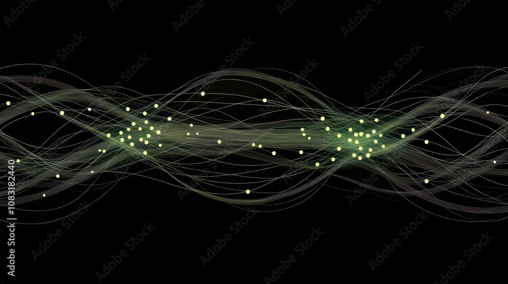Poster Abstract visualization of flowing waves with glowing particles, suggesting energy or motion.
