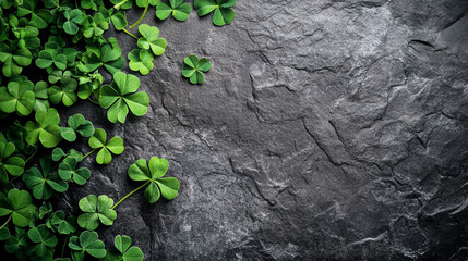 Celebrate Saint Patrick's Day with lush green clovers adorning a dark stone surface in March