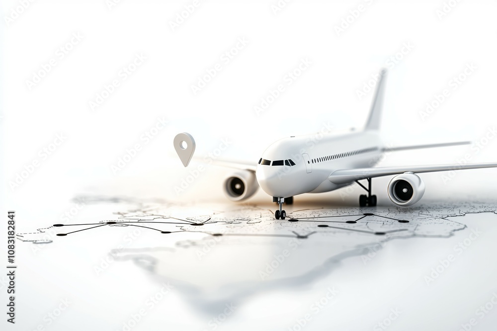 Poster a white airplane is on a map with a red dot on it
