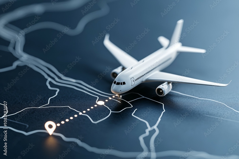Poster a white airplane is on a map with a red dot on it