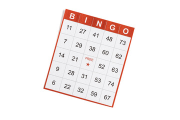 red and white paper bingo card on white background.
