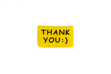 thank you text message on yellow paper note isolated on white background