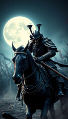 Fototapeta premium Japanese samurai with horse walk proudly