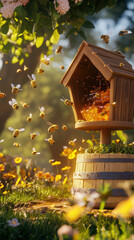 Close up of honey stage podium, bees buzzing in sunny garden, creating lively atmosphere