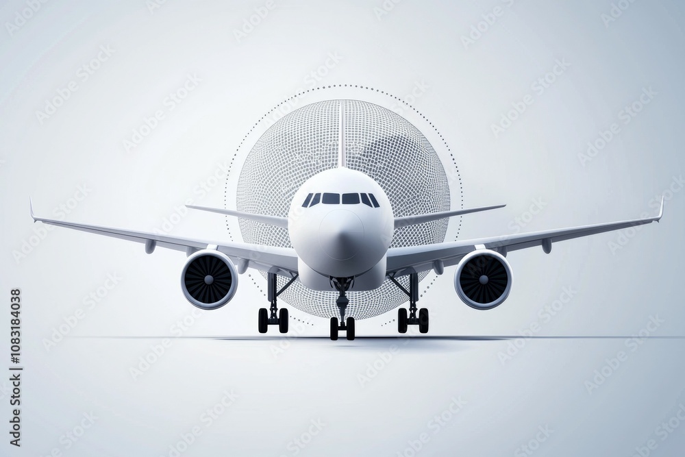Poster a white airplane is on the runway with a large circle in the background
