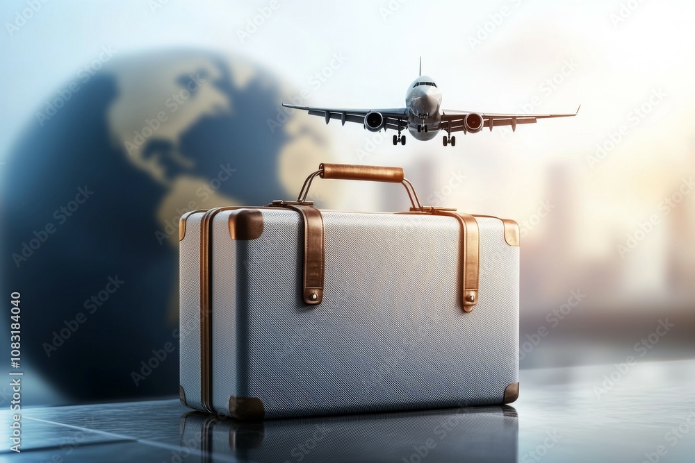 Poster a suitcase with a globe and an airplane in the background