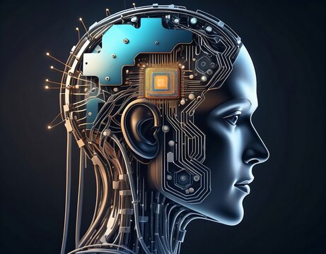 Humanoid female's head on black background. Computer science illustration. Author Artist Nadia Russ. - Powered by Adobe