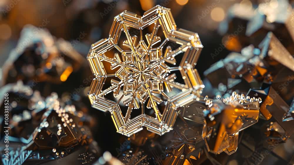Poster extreme close-up of a unique snowflake with shallow depth of field and bokeh in the background.