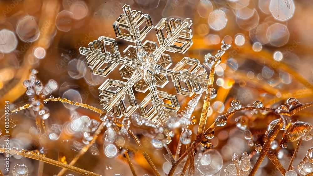 Poster extreme close-up of a unique snowflake with shallow depth of field and bokeh in the background.