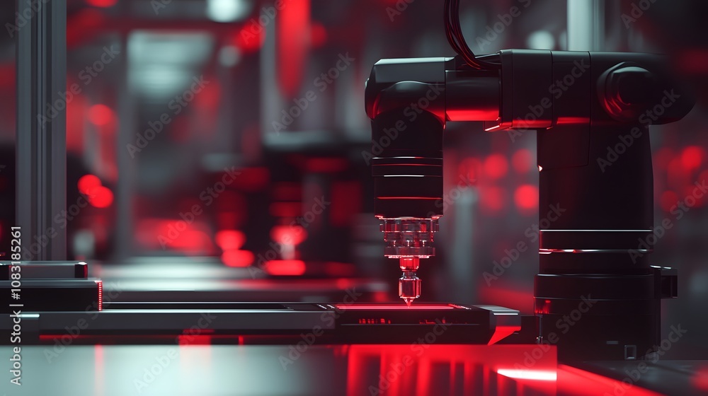 Poster a robot is working on a piece of technology. the robot is black and red in color. the robot is surro