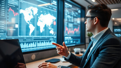 focused man analyzes global market data on multiple screens, showcasing financial trends and statistics. His engagement reflects dynamic nature of investment.   investment technology concept
