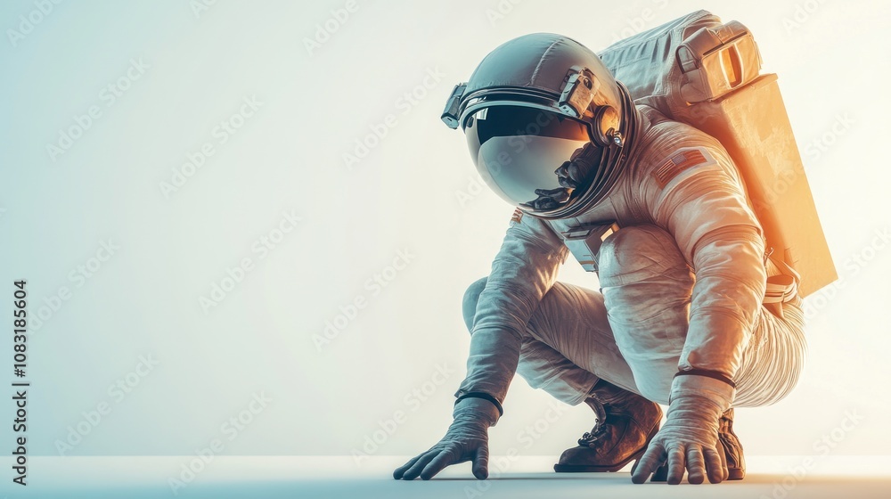Poster an astronaut crouches in a futuristic setting, symbolizing exploration and adventure.