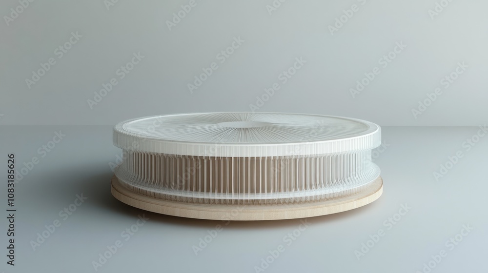 Poster a modern, circular object with a textured surface on a wooden base, possibly a design piece.