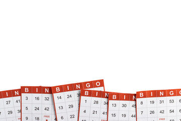 red and white bingo game cards on white background. Empty space for copy space.