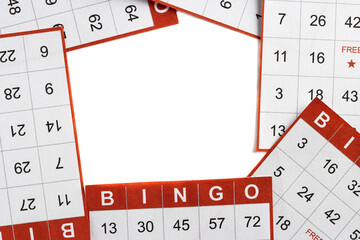red and white bingo game cards on white background. Empty space for copy space.