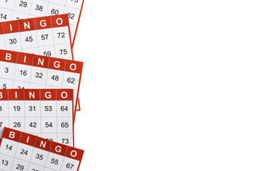 red and white bingo game cards on white background. Empty space for copy space.