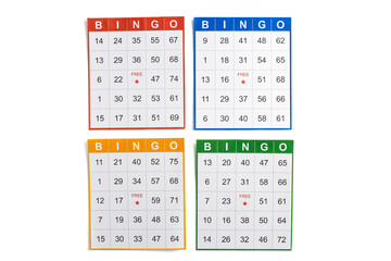 colorful or multicolored bingo cards, isolated on white background