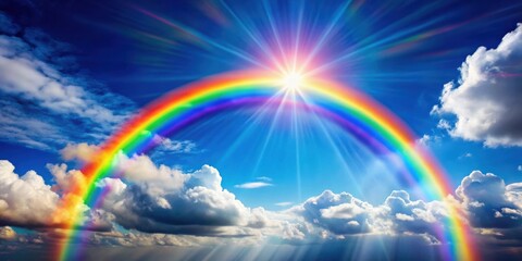 A vibrant rainbow arcs through a majestic sky, illuminated by the radiant glow of the sun, casting a celestial spectacle of color and light through billowing clouds.