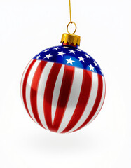 Glossy Christmas ball showing united states flag hanging on white background