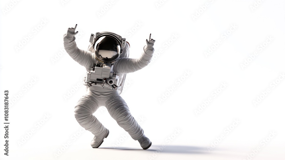 Poster a playful astronaut poses with a humorous gesture in a minimalistic white space.