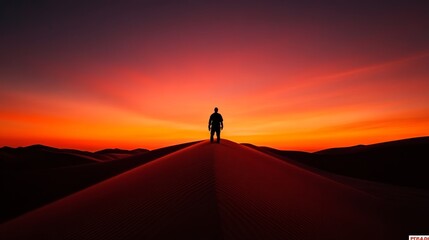 Obraz premium Silhouette of a man standing on a sand dune at sunset, vibrant orange sky.