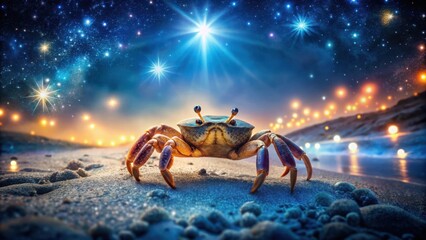 Fototapeta premium A solitary crab emerges from the shimmering sand, its silhouette etched against a sky adorned with a million celestial lights, creating a breathtaking celestial tableau.