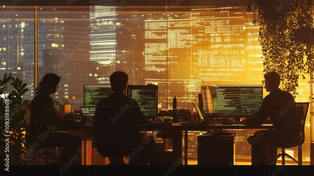 Poster silhouettes of individuals working at computers in a modern office with cityscape backdrop.