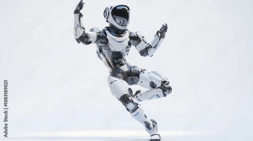 Poster a humanoid robot in a dynamic dance pose, showcasing advanced robotics and design.