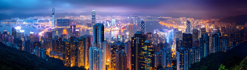 Fototapeta premium Aerial Night View of a City with Numerous Skyscrapers Illuminated by Lights