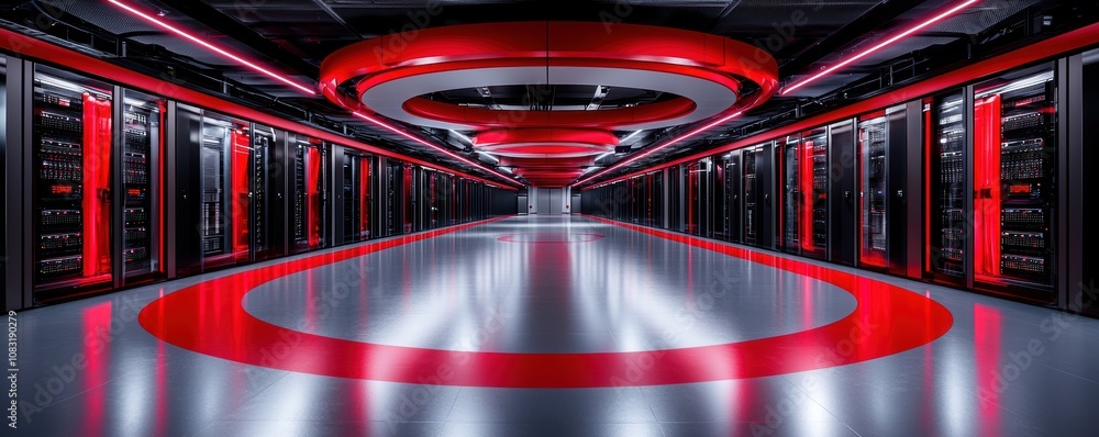 Poster modern data center with red led lighting and server racks. futuristic design of high-tech facility w