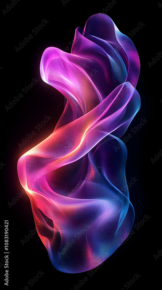 Poster abstract 3d illustration of a glowing, swirling, multicolored mesh form against a dark background, c